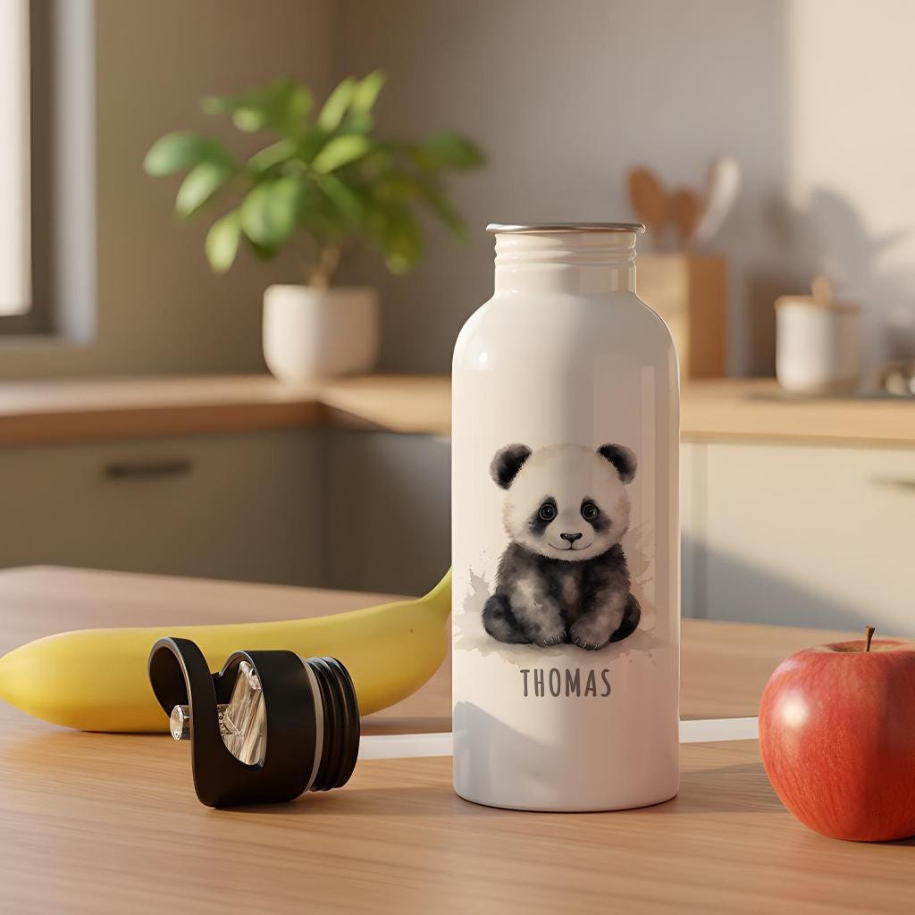 Trinkflasche Kinder personalisiert mit Namen Panda Edelstahl Flasche mit Strohhalm Wasserflasche für Schule Kindergarten 600 ml