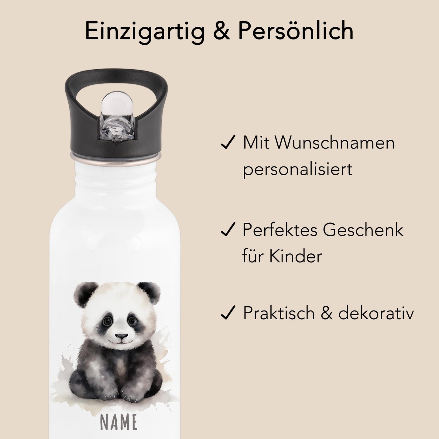 Trinkflasche Kinder personalisiert mit Namen Panda Edelstahl Flasche mit Strohhalm Wasserflasche für Schule Kindergarten 600 ml