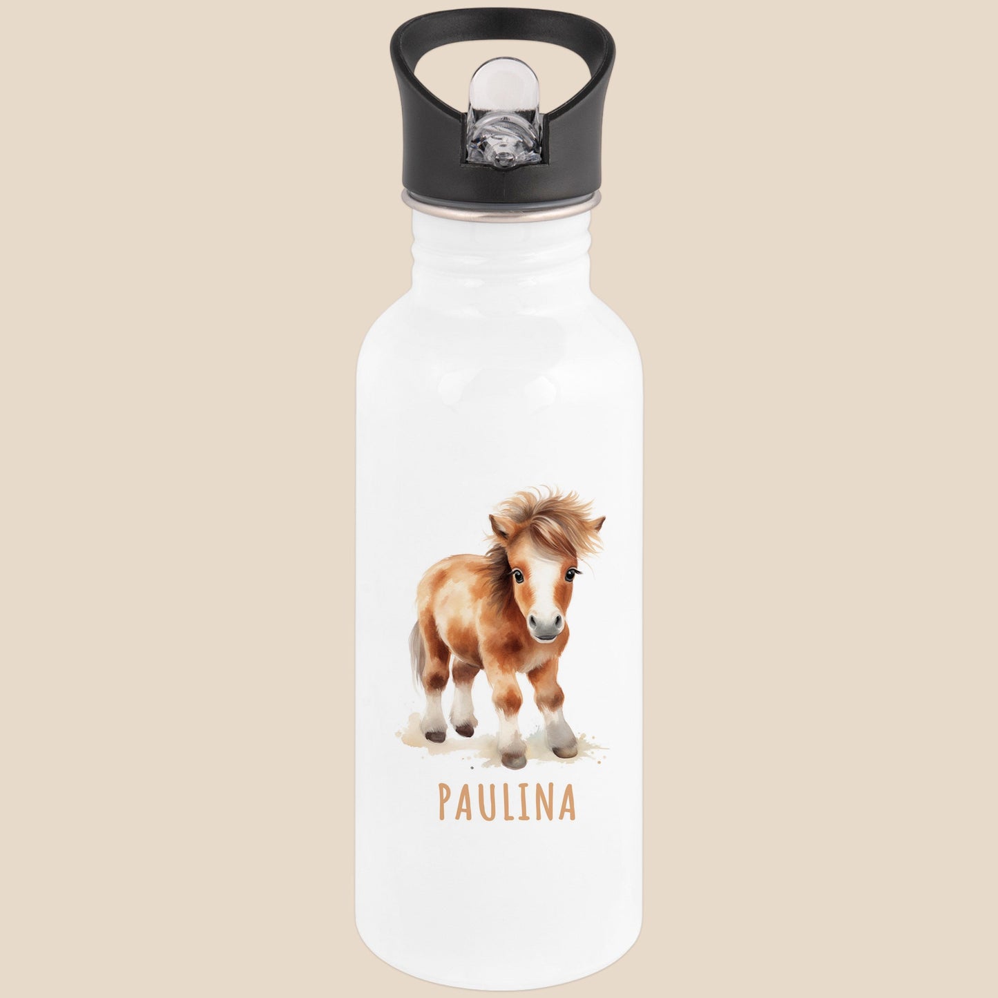 Trinkflasche Kinder personalisiert mit Namen Pferd Edelstahl Flasche mit Strohhalm Wasserflasche für Schule Kindergarten 600 ml