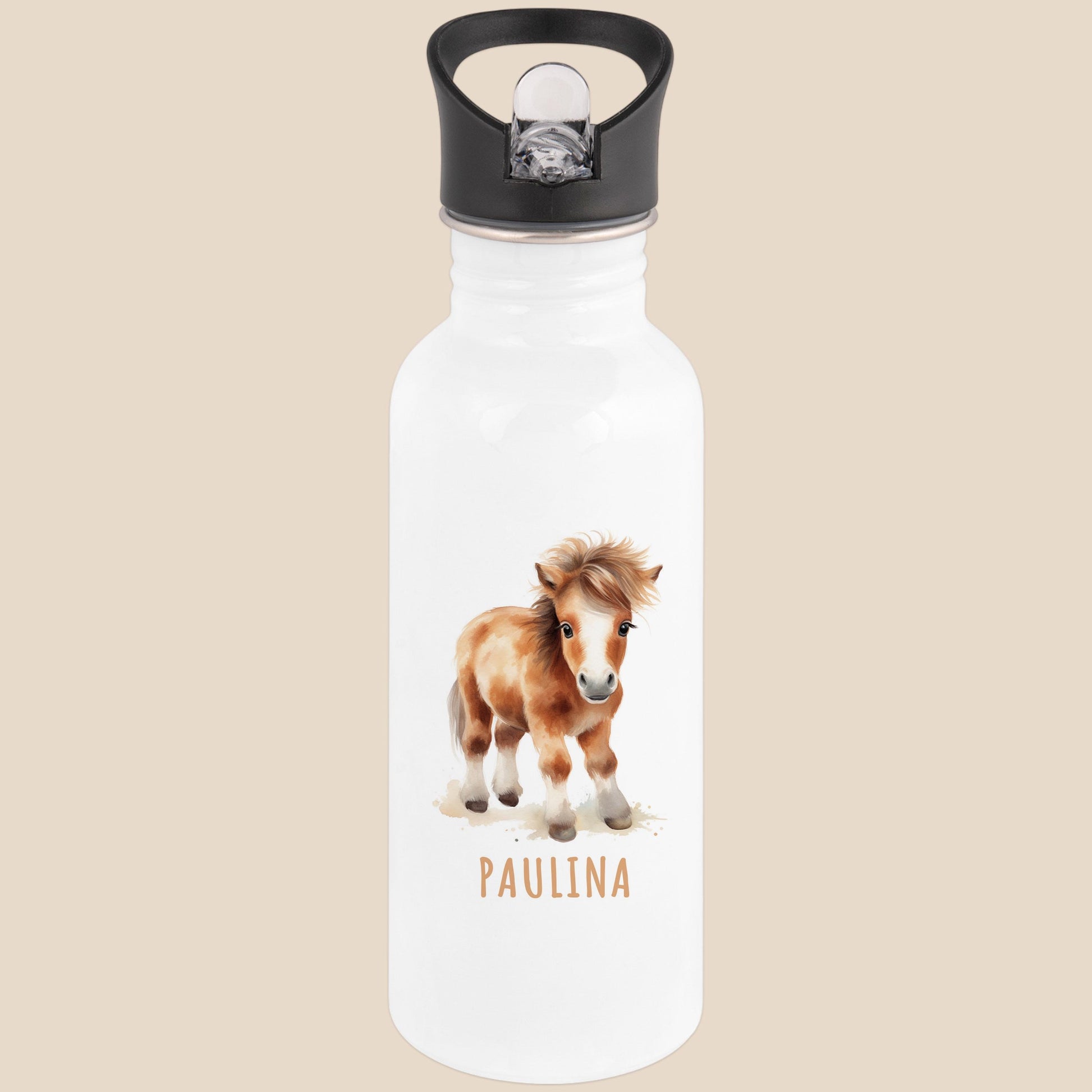 Trinkflasche Kinder personalisiert mit Namen Pferd Edelstahl Flasche mit Strohhalm Wasserflasche für Schule Kindergarten 600 ml