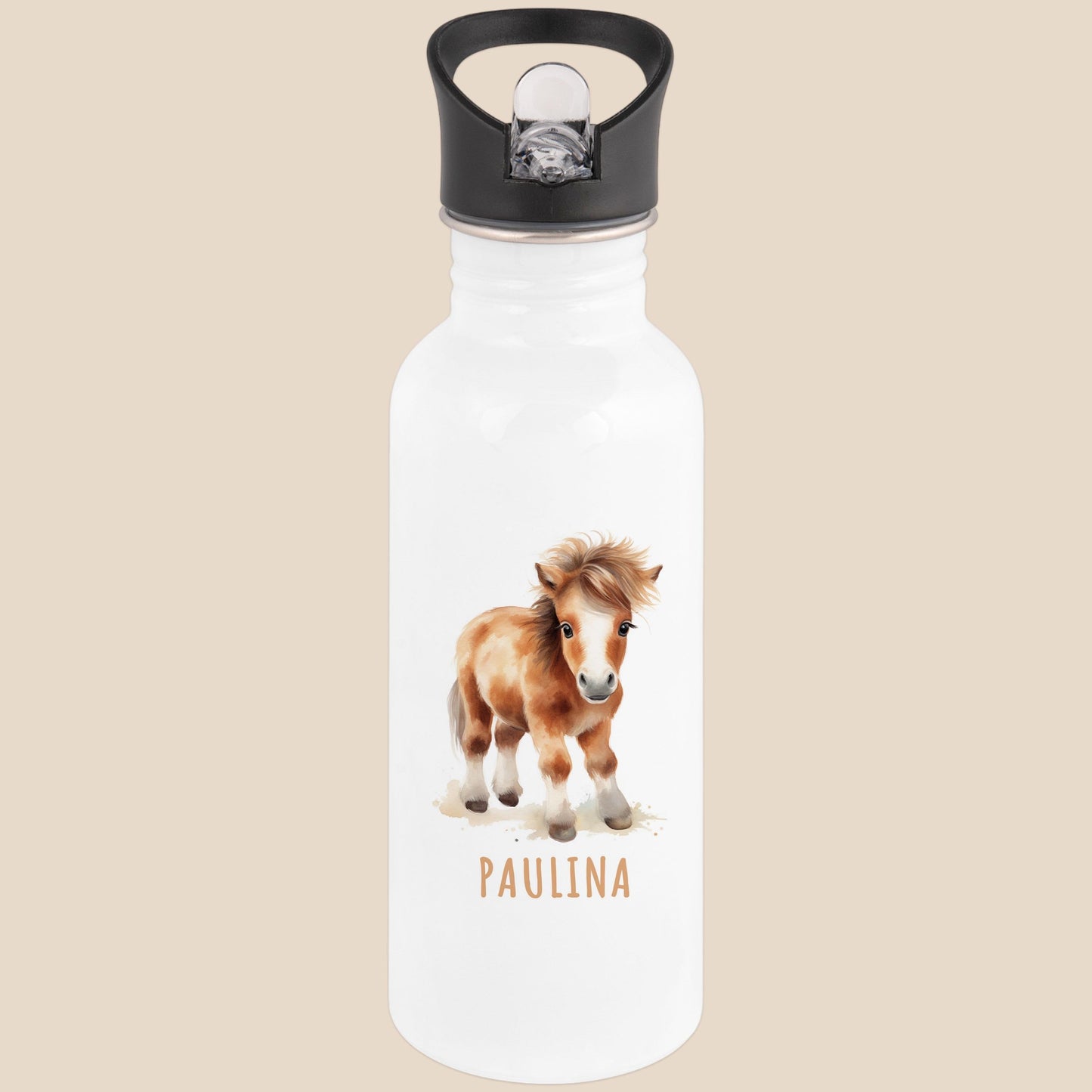 Trinkflasche Kinder personalisiert mit Namen Pferd Edelstahl Flasche mit Strohhalm Wasserflasche für Schule Kindergarten 600 ml