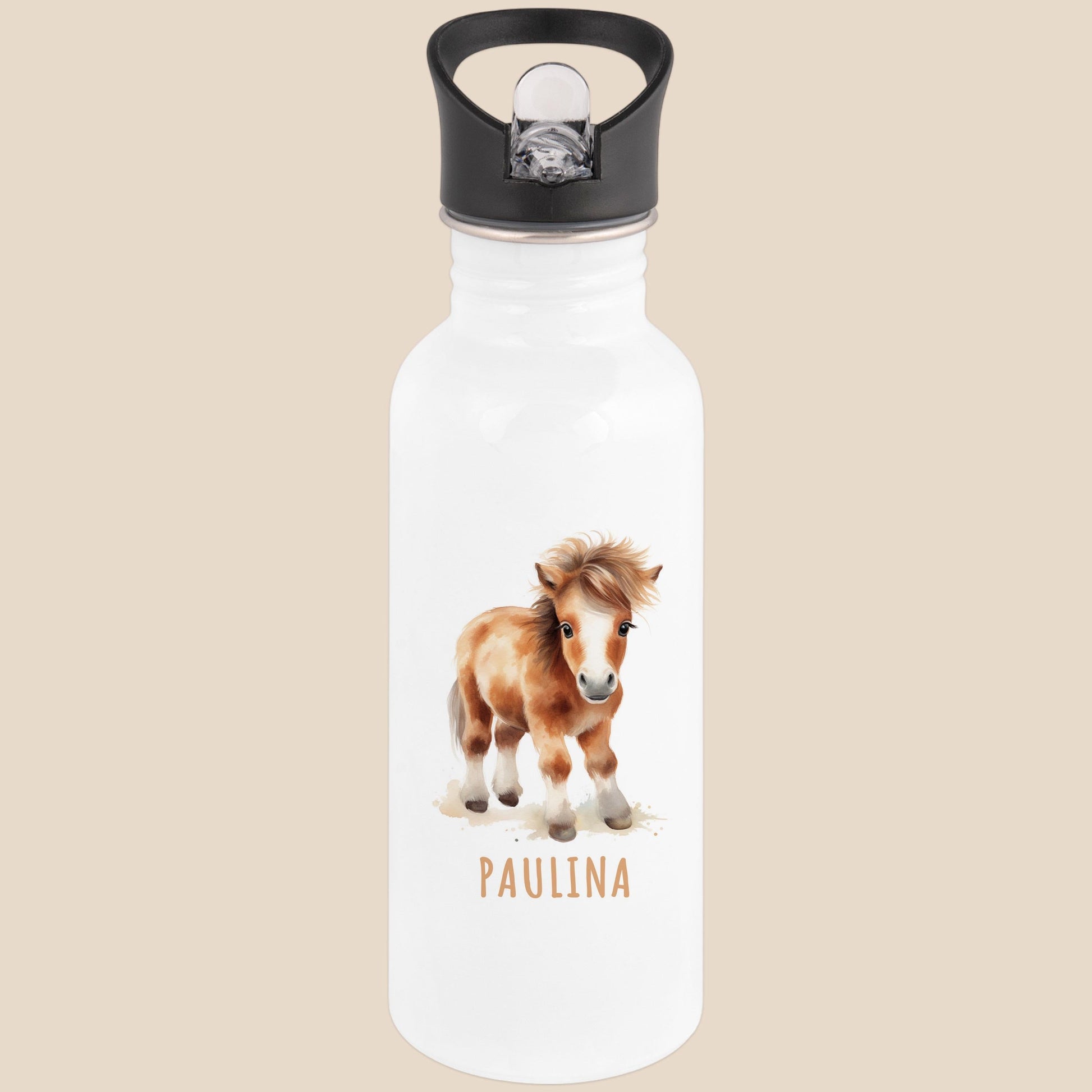 Trinkflasche Kinder personalisiert mit Namen Pferd Edelstahl Flasche mit Strohhalm Wasserflasche für Schule Kindergarten 600 ml
