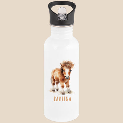 Trinkflasche Kinder personalisiert mit Namen Pferd Edelstahl Flasche mit Strohhalm Wasserflasche für Schule Kindergarten 600 ml