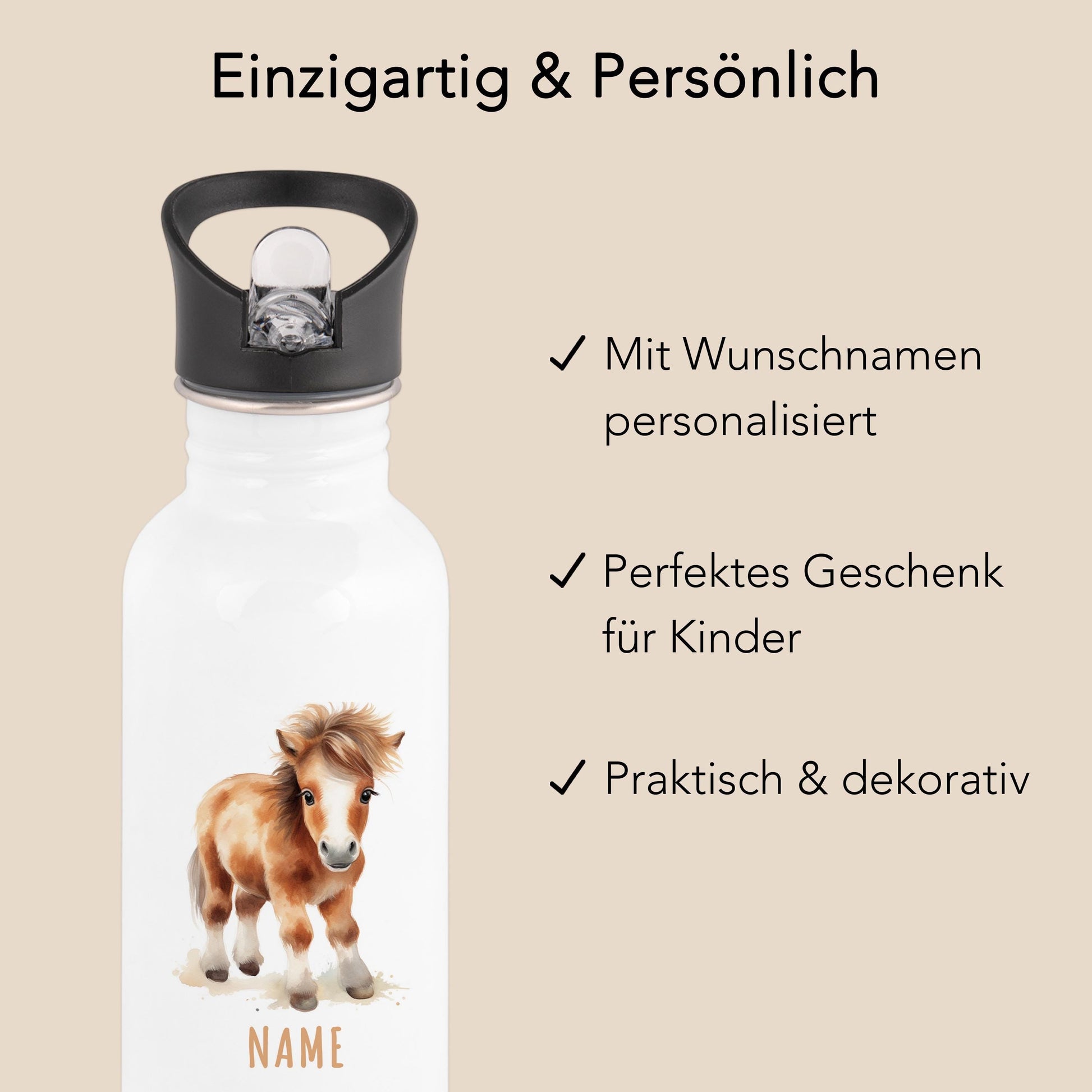 Trinkflasche Kinder personalisiert mit Namen Pferd Edelstahl Flasche mit Strohhalm Wasserflasche für Schule Kindergarten 600 ml