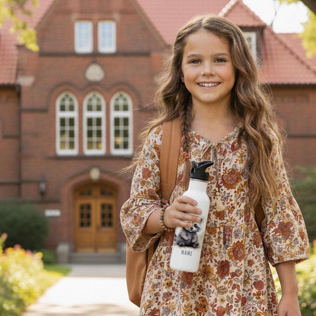 Trinkflasche Kinder personalisiert mit Namen Waschbär Edelstahl Flasche mit Strohhalm Wasserflasche für Schule Kindergarten 600 ml