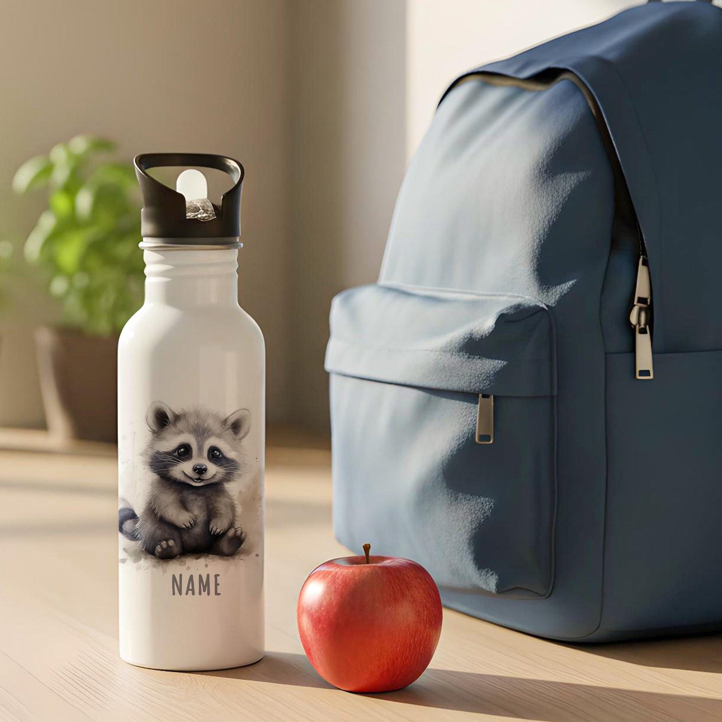 Trinkflasche Kinder personalisiert mit Namen Waschbär Edelstahl Flasche mit Strohhalm Wasserflasche für Schule Kindergarten 600 ml