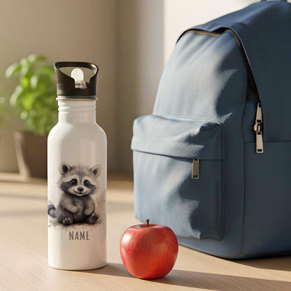 Trinkflasche Kinder personalisiert mit Namen Waschbär Edelstahl Flasche mit Strohhalm Wasserflasche für Schule Kindergarten 600 ml