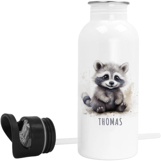 Trinkflasche Kinder personalisiert mit Namen Waschbär Edelstahl Flasche mit Strohhalm Wasserflasche für Schule Kindergarten 600 ml