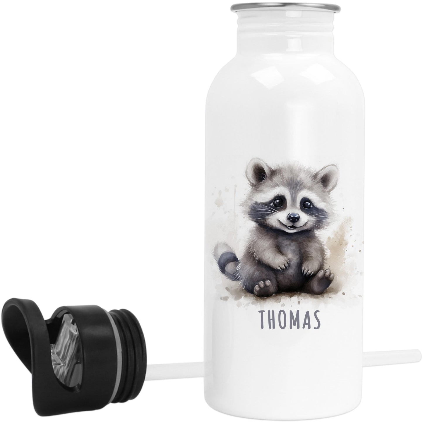 Trinkflasche Kinder personalisiert mit Namen Waschbär Edelstahl Flasche mit Strohhalm Wasserflasche für Schule Kindergarten 600 ml