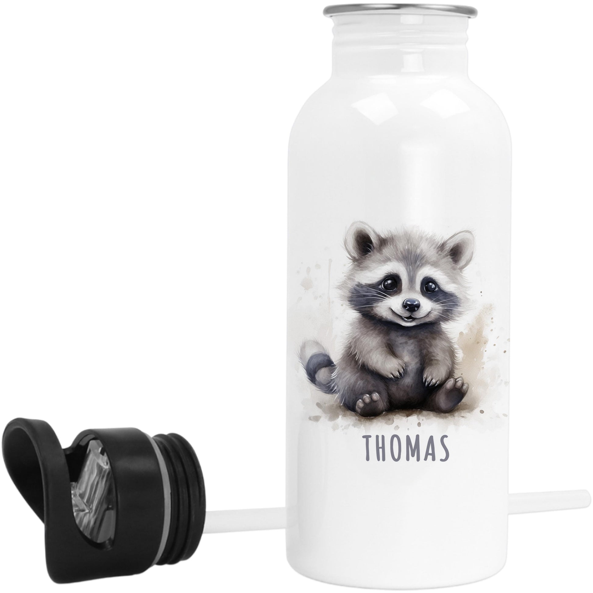Trinkflasche Kinder personalisiert mit Namen Waschbär Edelstahl Flasche mit Strohhalm Wasserflasche für Schule Kindergarten 600 ml