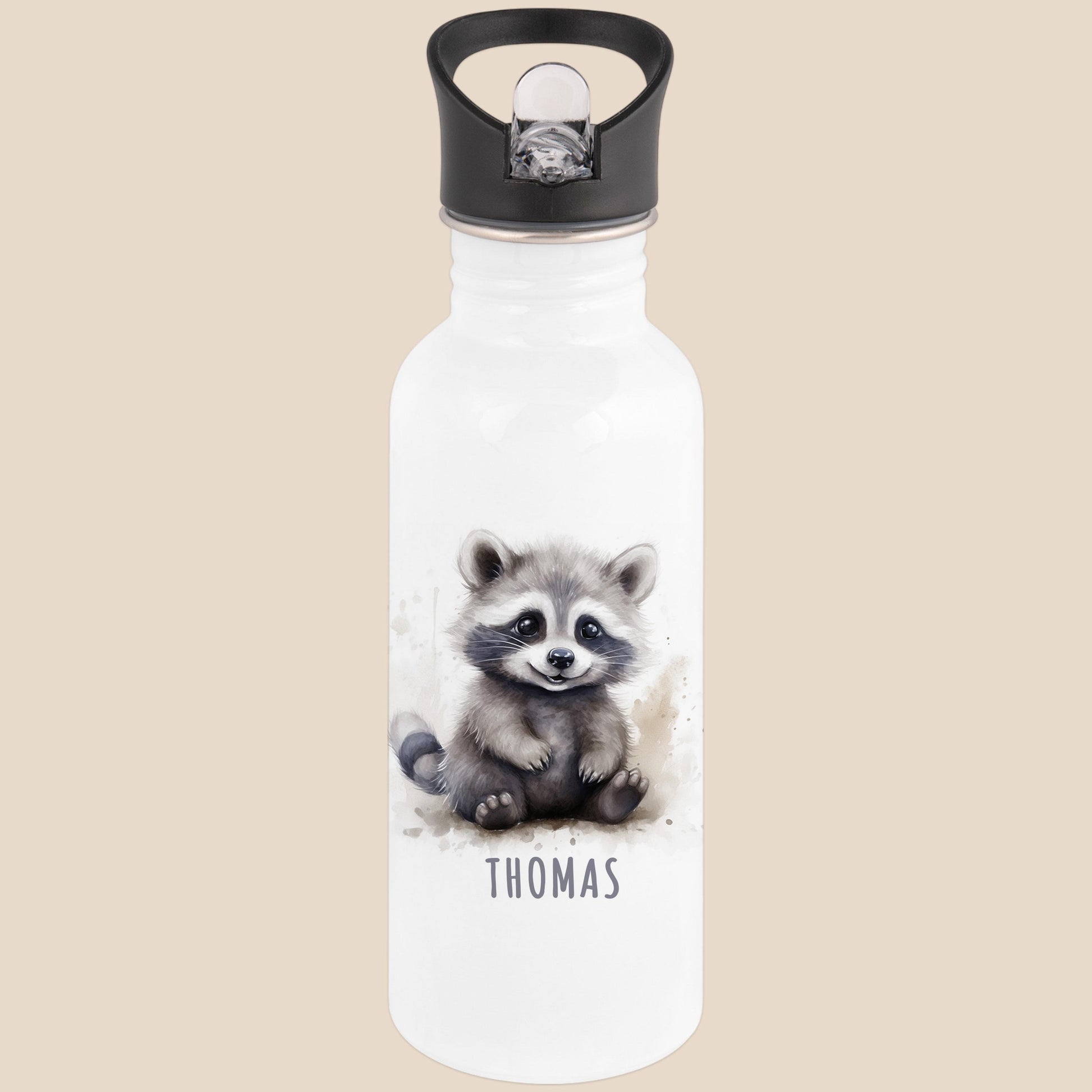 Trinkflasche Kinder personalisiert mit Namen Waschbär Edelstahl Flasche mit Strohhalm Wasserflasche für Schule Kindergarten 600 ml