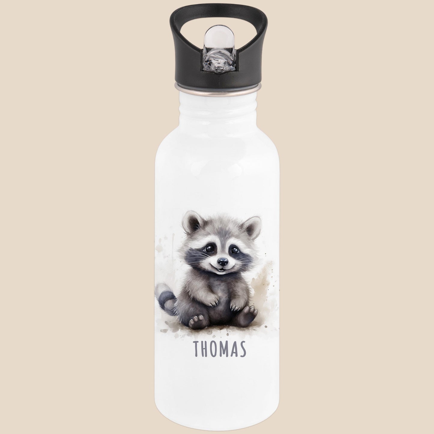 Trinkflasche Kinder personalisiert mit Namen Waschbär Edelstahl Flasche mit Strohhalm Wasserflasche für Schule Kindergarten 600 ml