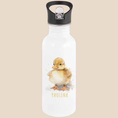 Trinkflasche Kinder personalisiert mit Namen Ente Edelstahl Flasche mit Strohhalm Wasserflasche für Schule Kindergarten 600 ml