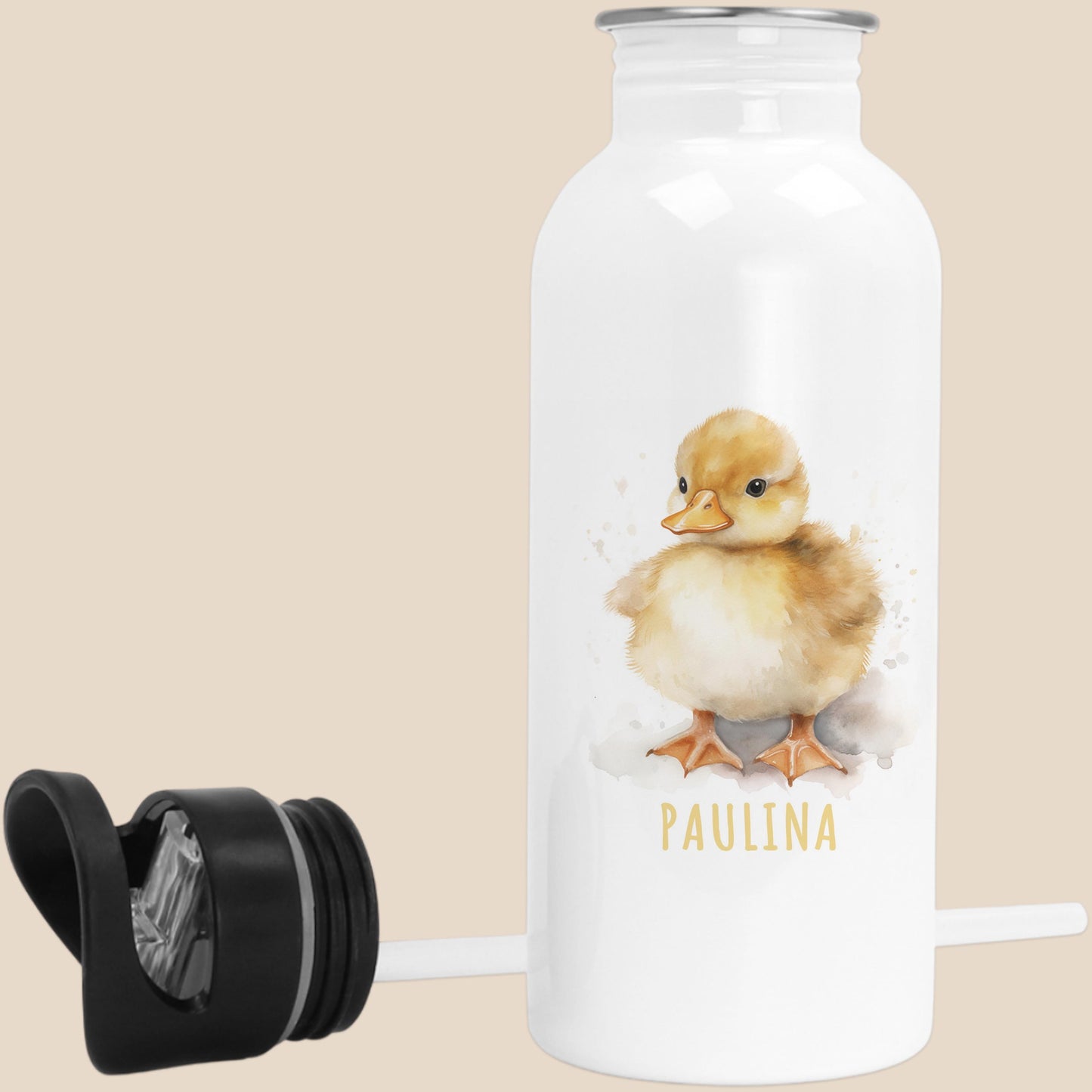 Trinkflasche Kinder personalisiert mit Namen Ente Edelstahl Flasche mit Strohhalm Wasserflasche für Schule Kindergarten 600 ml
