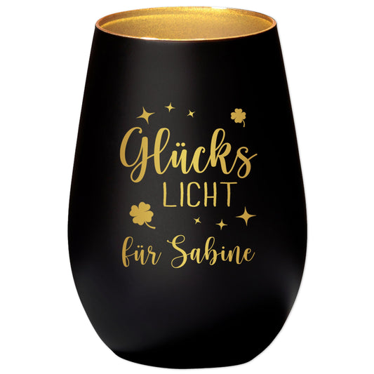 Glückslicht personalisiert Windlicht Glas mit Gravur für Teelicht Kerzenglas Glückskerze Glücksbringer Geschenk (Schwarz)
