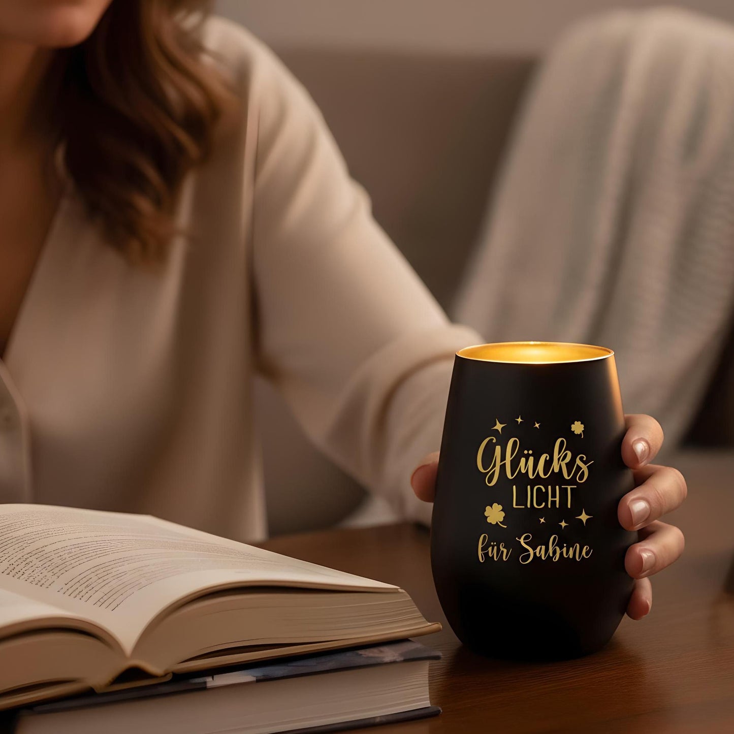 Glückslicht personalisiert Windlicht Glas mit Gravur für Teelicht Kerzenglas Glückskerze Glücksbringer Geschenk (Schwarz)