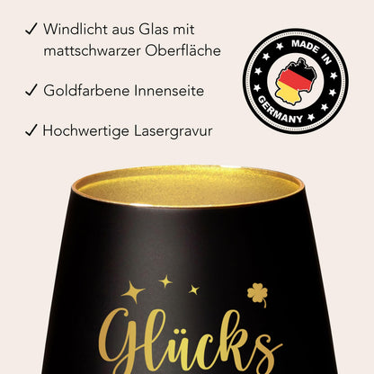 Glückslicht personalisiert Windlicht Glas mit Gravur für Teelicht Kerzenglas Glückskerze Glücksbringer Geschenk (Schwarz)