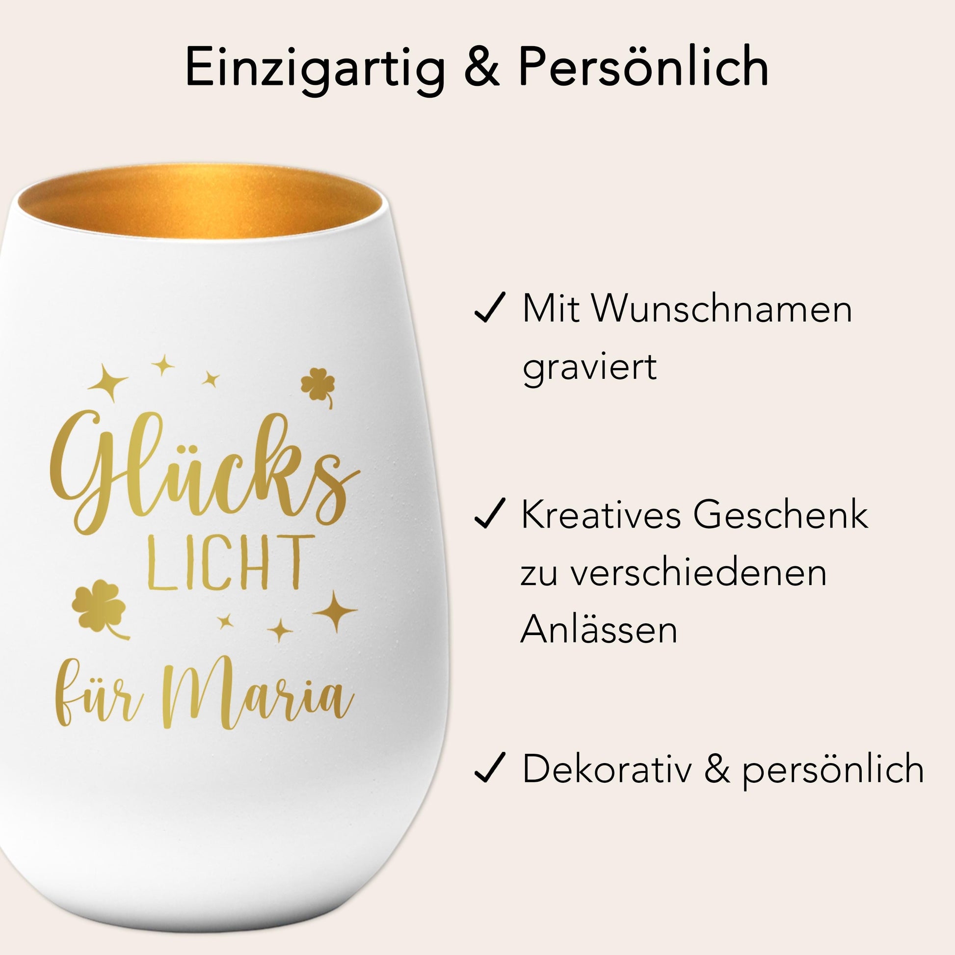 Glückslicht personalisiert Windlicht Glas mit Gravur für Teelicht Kerzenglas Glückskerze Glücksbringer Geschenk (Weiß)