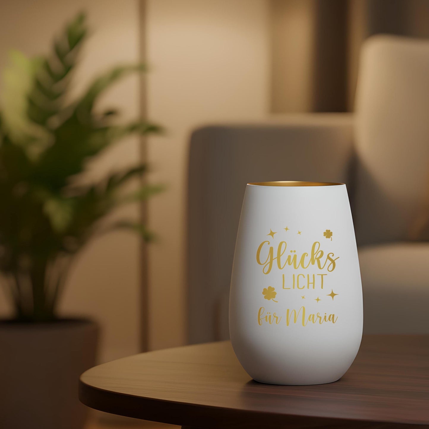 Glückslicht personalisiert Windlicht Glas mit Gravur für Teelicht Kerzenglas Glückskerze Glücksbringer Geschenk (Weiß)
