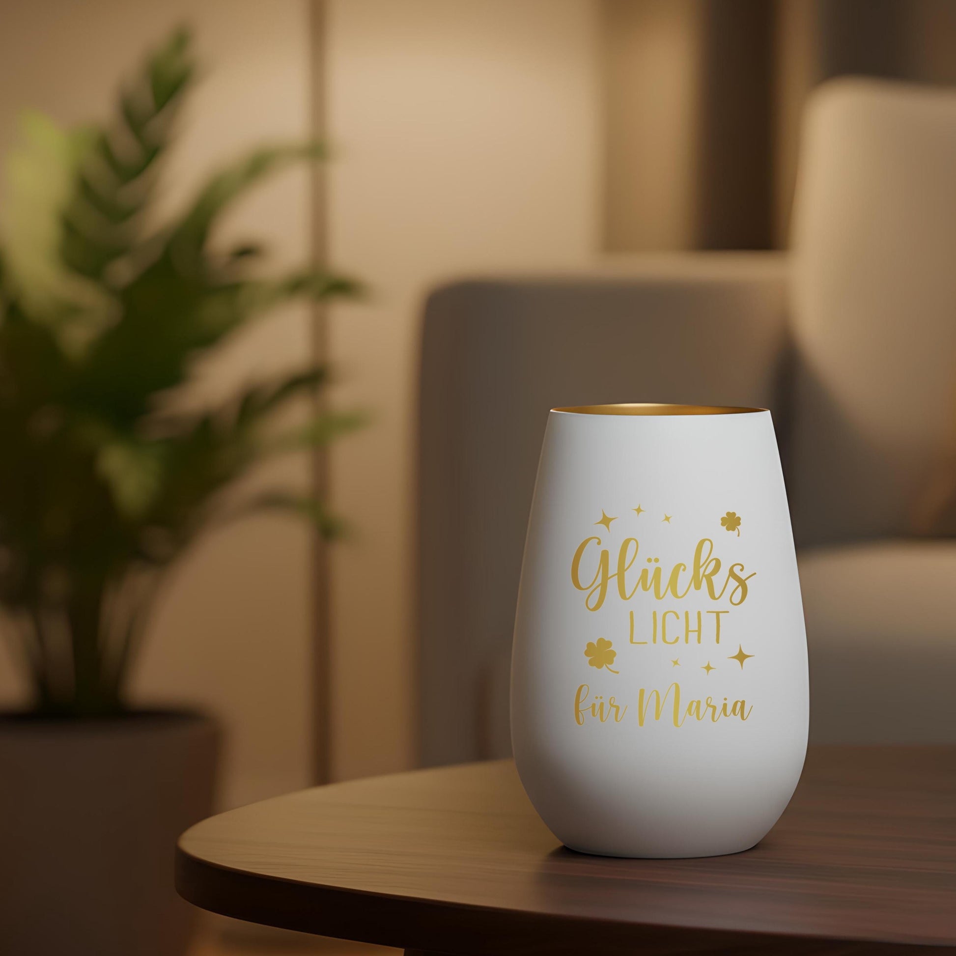 Glückslicht personalisiert Windlicht Glas mit Gravur für Teelicht Kerzenglas Glückskerze Glücksbringer Geschenk (Weiß)