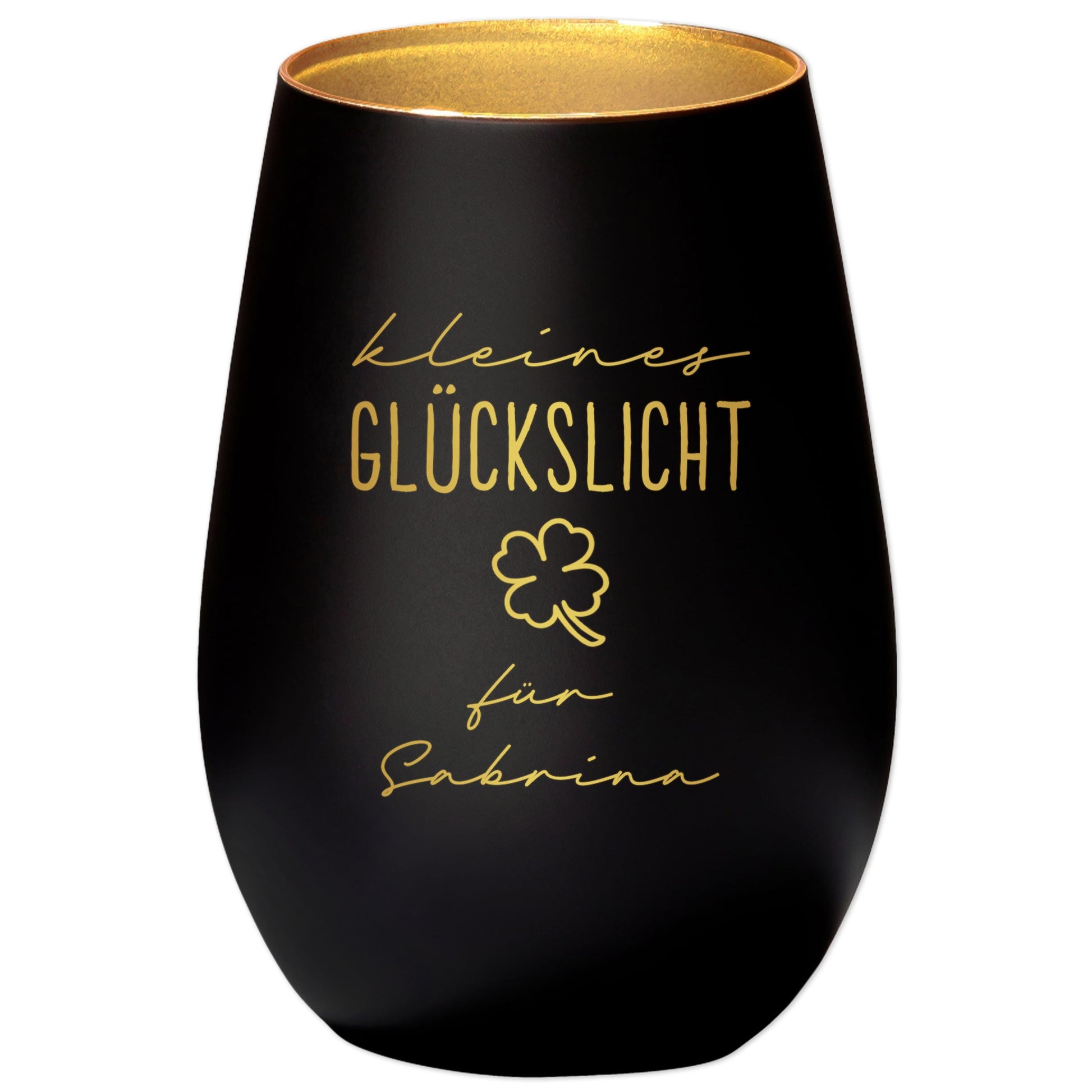 Glückslicht personalisiert Windlicht Glas mit Gravur für Teelicht Kerzenglas Glückskerze Glücksbringer Geschenk (Schwarz)
