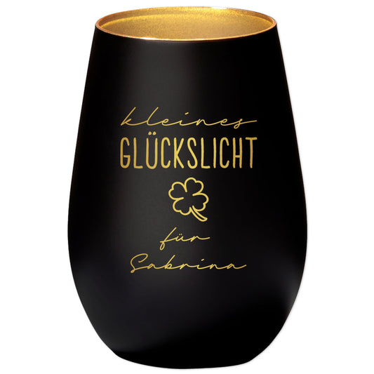 Glückslicht personalisiert Windlicht Glas mit Gravur für Teelicht Kerzenglas Glückskerze Glücksbringer Geschenk (Schwarz)