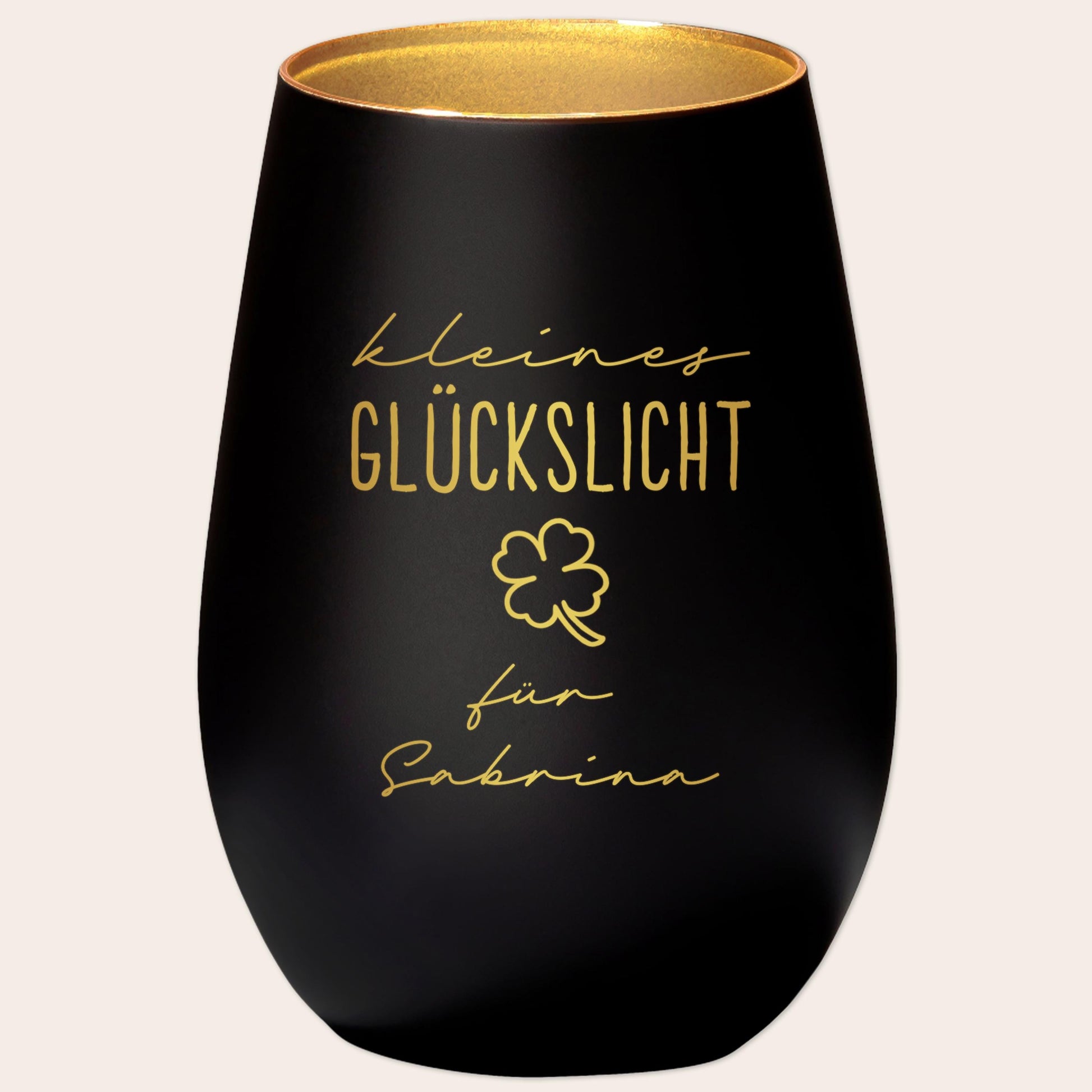 Glückslicht personalisiert Windlicht Glas mit Gravur für Teelicht Kerzenglas Glückskerze Glücksbringer Geschenk (Schwarz)