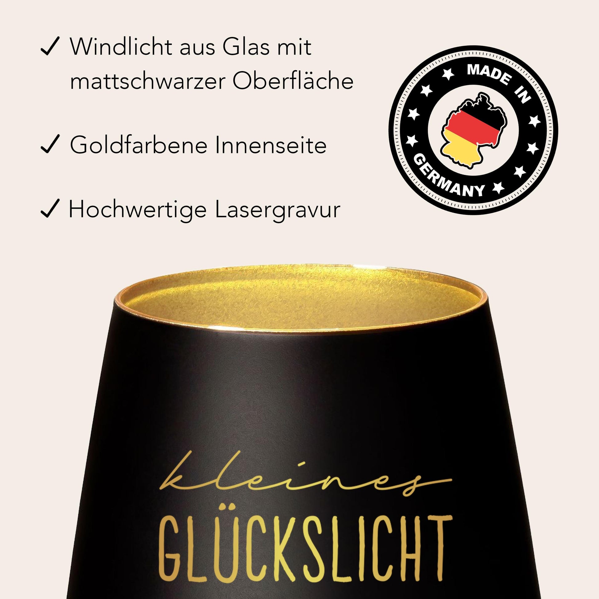 Glückslicht personalisiert Windlicht Glas mit Gravur für Teelicht Kerzenglas Glückskerze Glücksbringer Geschenk (Schwarz)