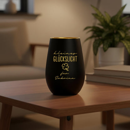 Glückslicht personalisiert Windlicht Glas mit Gravur für Teelicht Kerzenglas Glückskerze Glücksbringer Geschenk (Schwarz)