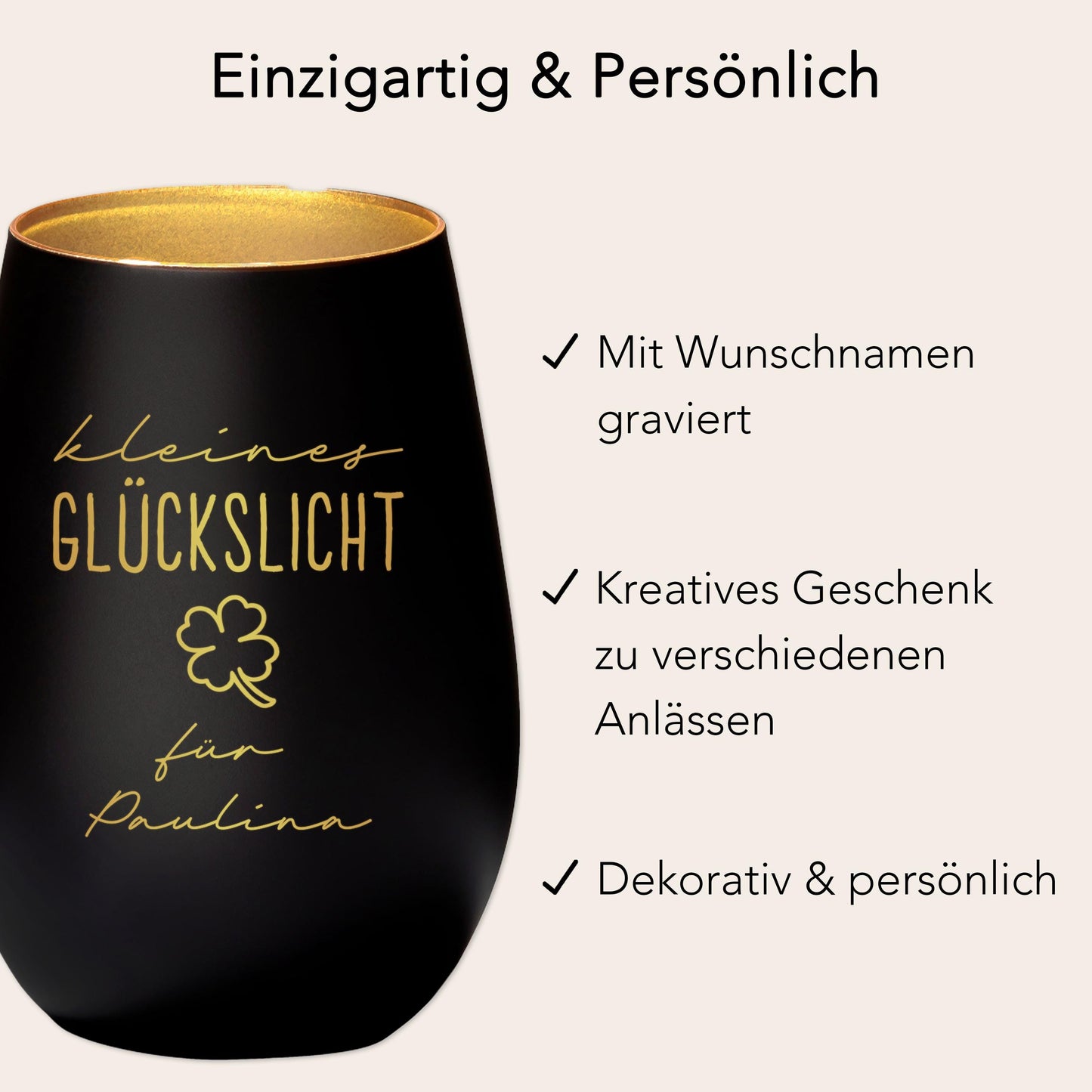 Glückslicht personalisiert Windlicht Glas mit Gravur für Teelicht Kerzenglas Glückskerze Glücksbringer Geschenk (Schwarz)