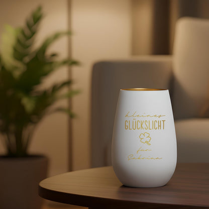Glückslicht personalisiert Windlicht Glas mit Gravur für Teelicht Kerzenglas Glückskerze Glücksbringer Geschenk (Weiß)