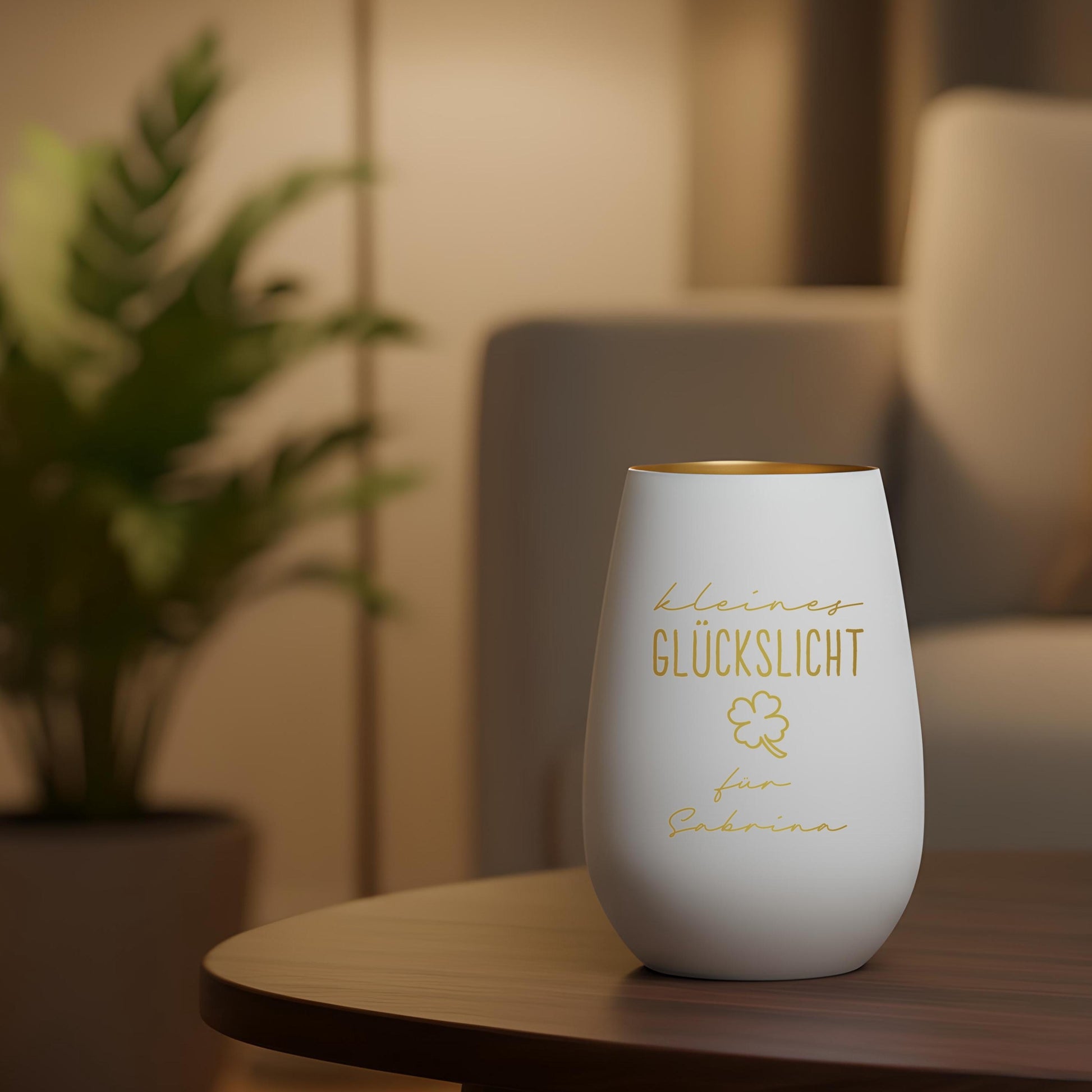 Glückslicht personalisiert Windlicht Glas mit Gravur für Teelicht Kerzenglas Glückskerze Glücksbringer Geschenk (Weiß)