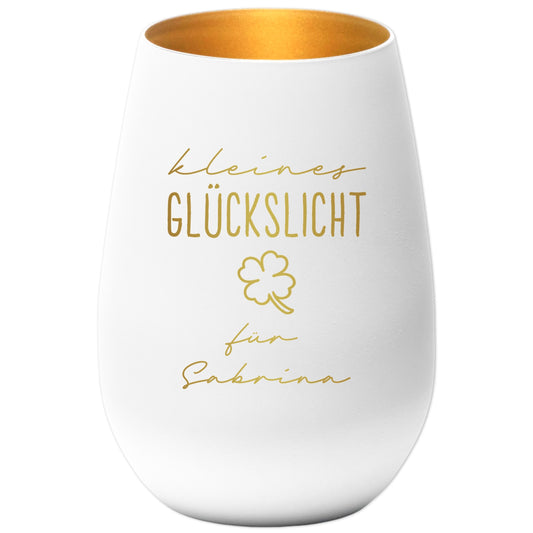 Glückslicht personalisiert Windlicht Glas mit Gravur für Teelicht Kerzenglas Glückskerze Glücksbringer Geschenk (Weiß)