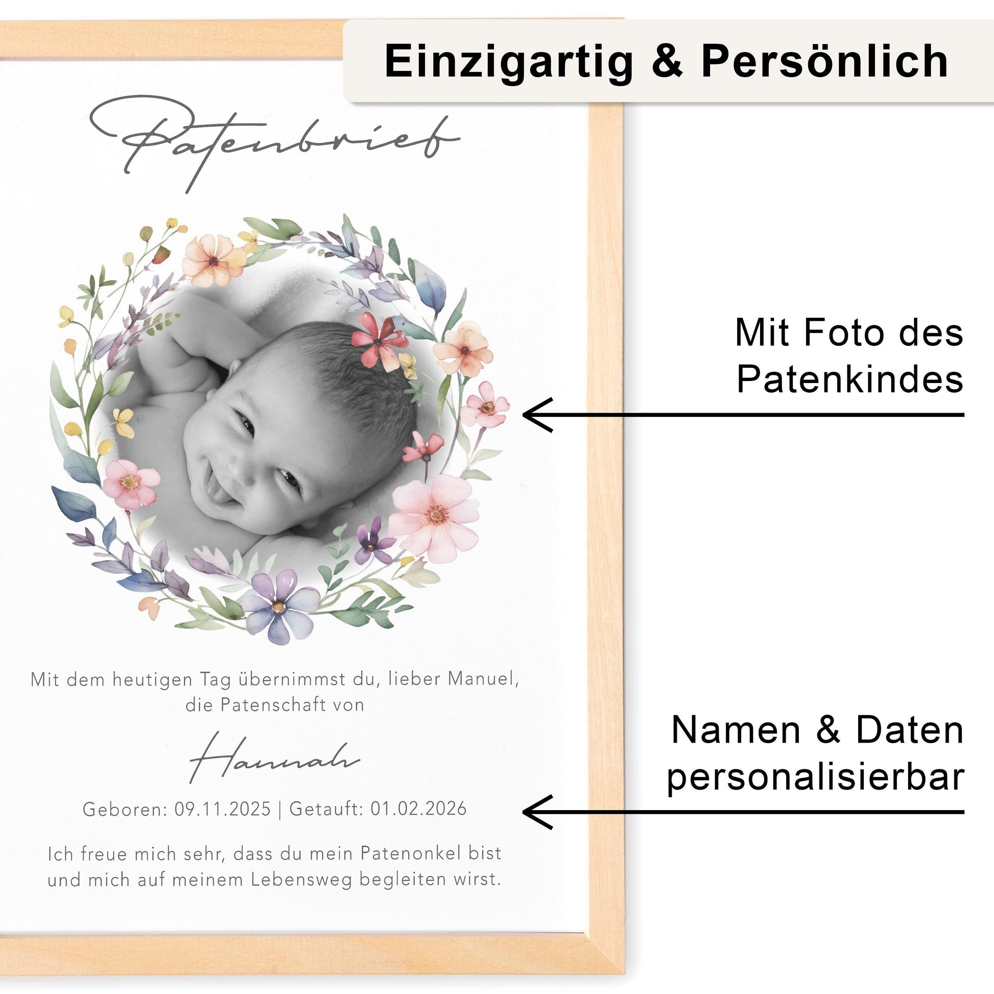 Taufgeschenk Patentante personalisierter Patenbrief Taufe Patenurkunde mit Foto Taufpate Paten Urkunde Taufe Geschenk (mit oder ohne Rahmen)