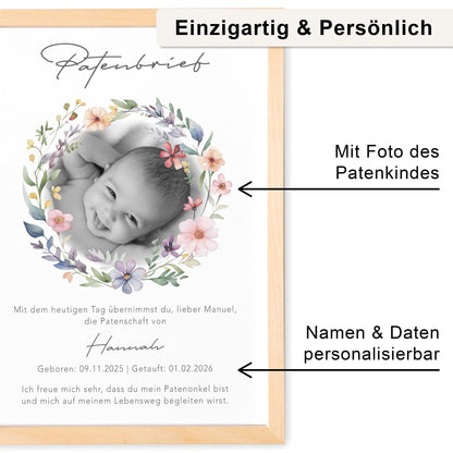 Taufgeschenk Patentante personalisierter Patenbrief Taufe Patenurkunde mit Foto Taufpate Paten Urkunde Taufe Geschenk (mit oder ohne Rahmen)