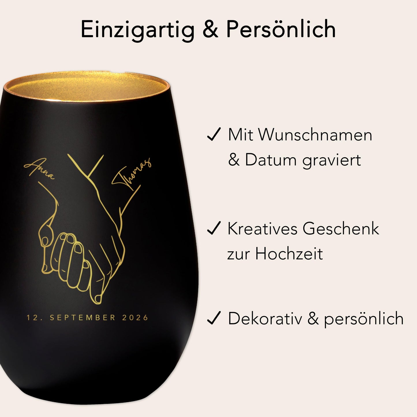 Hochzeitsgeschenk für Brautpaar personalisiert Windlicht Glas mit Gravur für Hochzeit Geschenk Kleinigkeit (Schwarz)