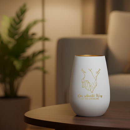 Verlobungsgeschenk Kerze personalisiert Windlicht Glas mit Gravur Hochzeitsgeschenk für Brautpaar Hochzeit Geschenk Kleinigkeit (Weiß)