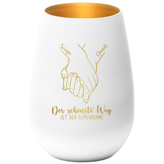 Verlobungsgeschenk Kerze personalisiert Windlicht Glas mit Gravur Hochzeitsgeschenk für Brautpaar Hochzeit Geschenk Kleinigkeit (Weiß)