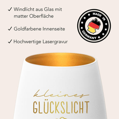 Glückslicht personalisiert Windlicht Glas mit Gravur für Teelicht Kerzenglas Glückskerze Glücksbringer Geschenk (Weiß)