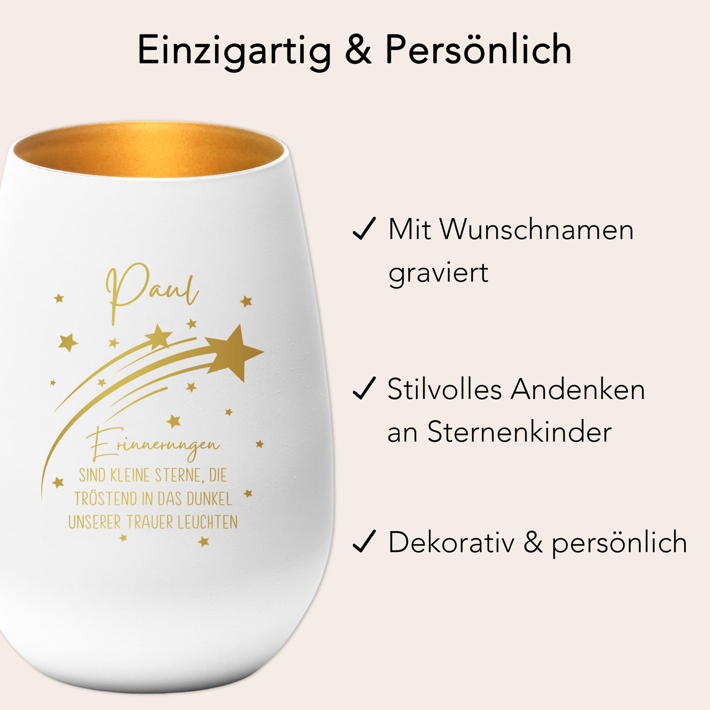 Erinnerung Sternenkind Andenken personalisiertes Windlicht Trauerlicht Trauer Trauergeschenk Trauerkerze Gedenkkerze (Weiß)