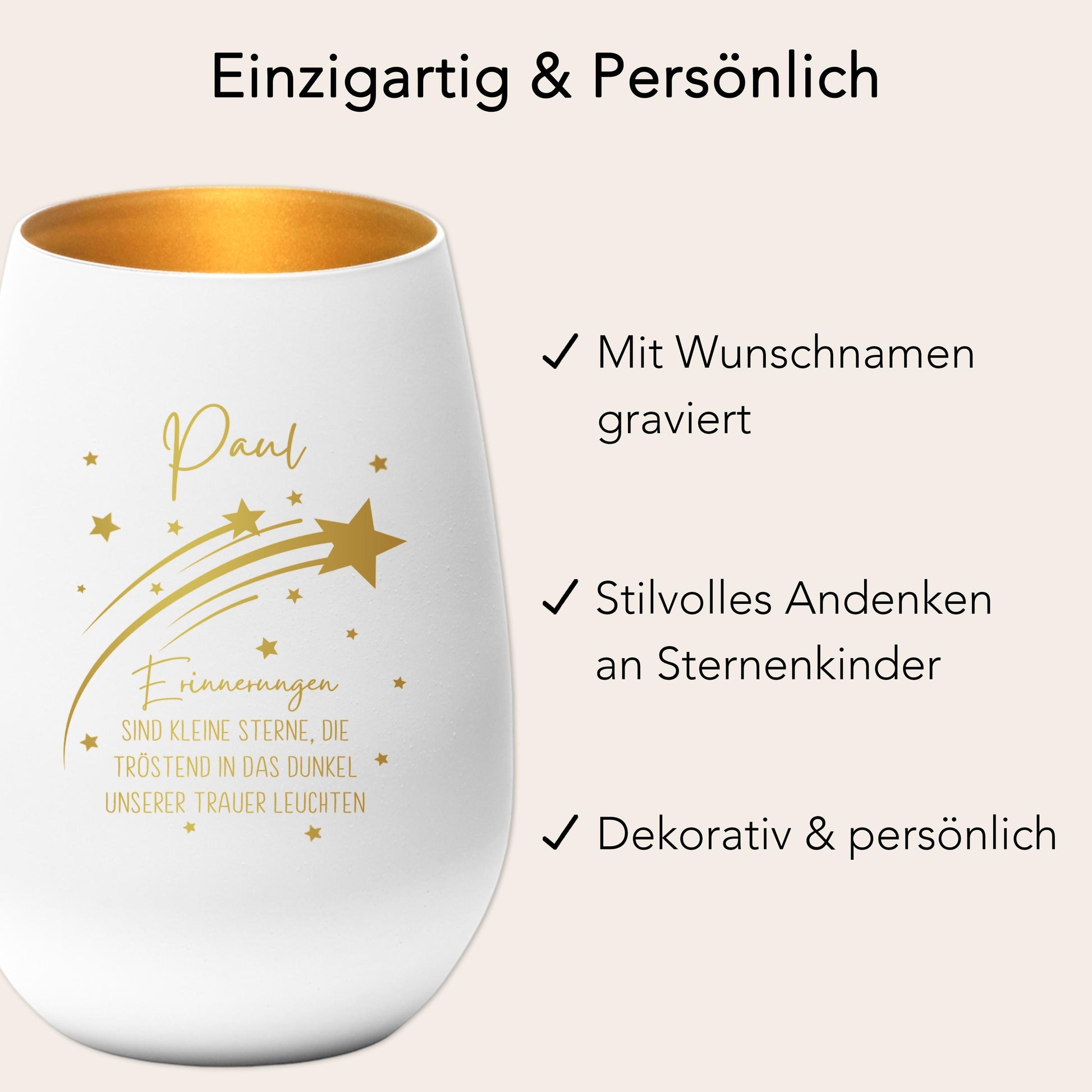 Erinnerung Sternenkind Andenken personalisiertes Windlicht Trauerlicht Trauer Trauergeschenk Trauerkerze Gedenkkerze (Weiß)