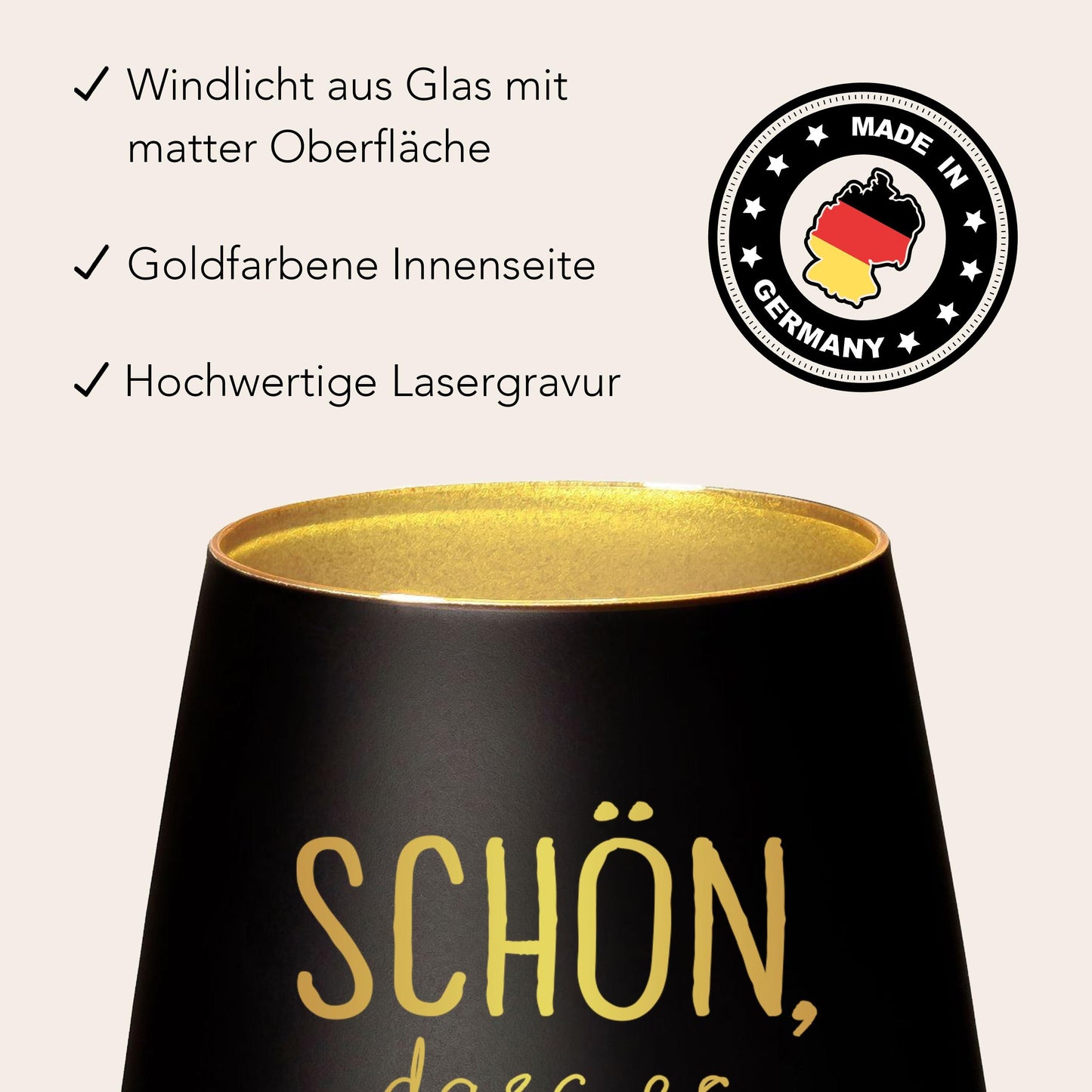 Schön dass es Dich gibt Geschenk Freundin Windlicht personalisiert Teelicht Kerzenglas mit Gravur (Schwarz)