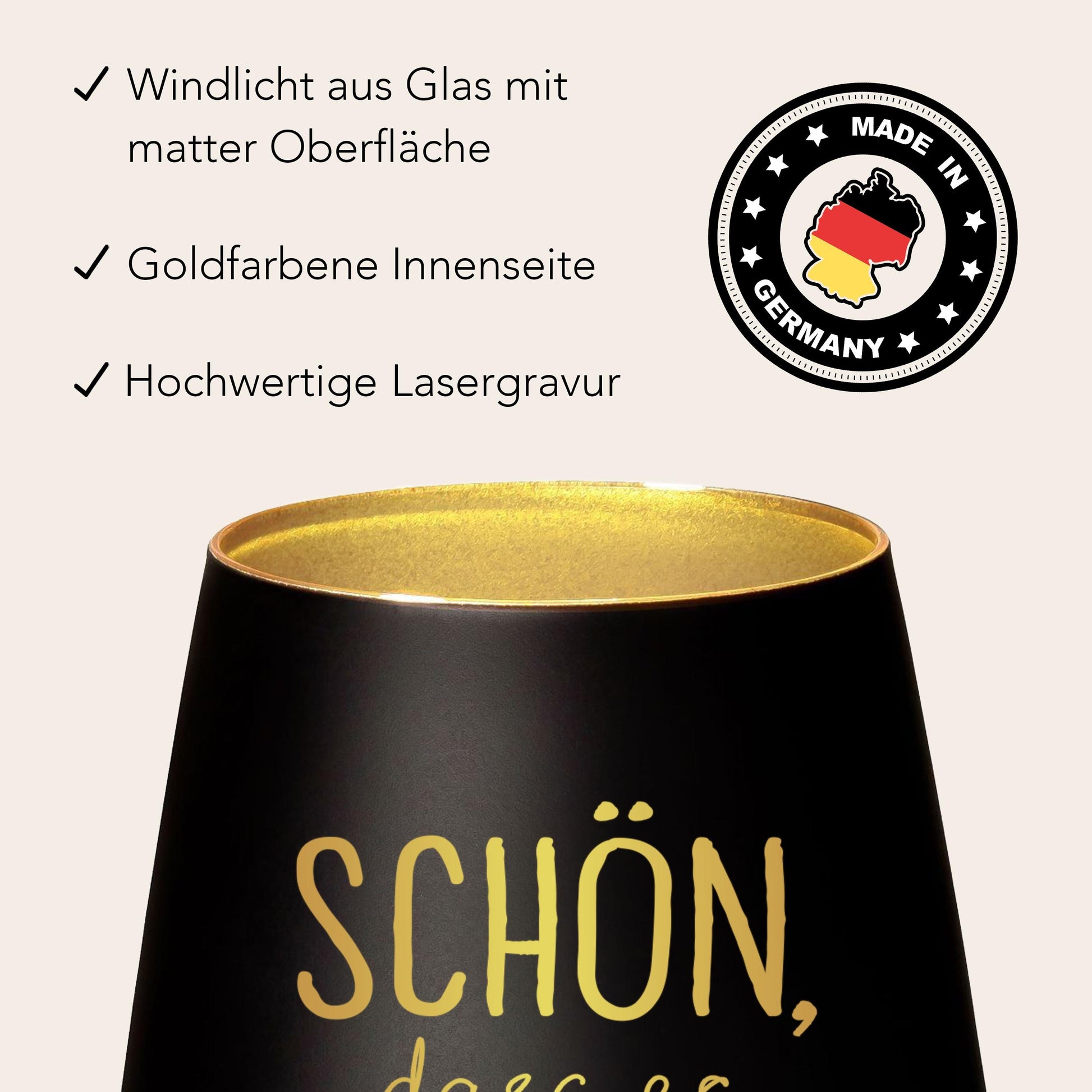 Schön dass es Dich gibt Geschenk Freundin Windlicht personalisiert Teelicht Kerzenglas mit Gravur (Schwarz)