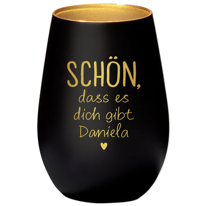 Schön dass es Dich gibt Geschenk Freundin Windlicht personalisiert Teelicht Kerzenglas mit Gravur (Schwarz)