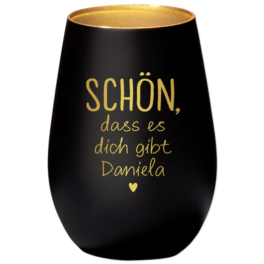 Schön dass es Dich gibt Geschenk Freundin Windlicht personalisiert Teelicht Kerzenglas mit Gravur (Schwarz)