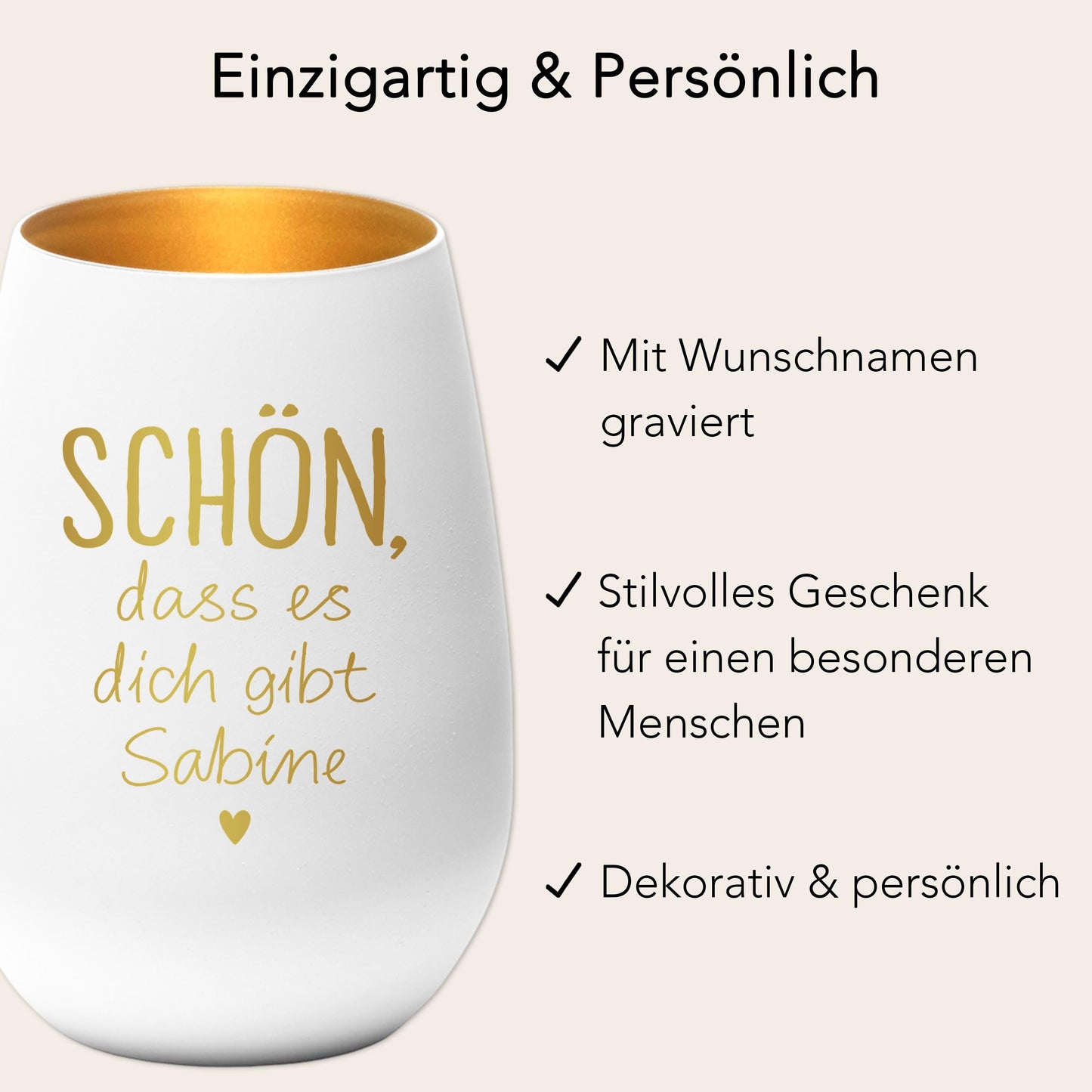 Schön dass es Dich gibt Geschenk Freundin Windlicht personalisiert Teelicht Kerzenglas mit Gravur (Weiß)