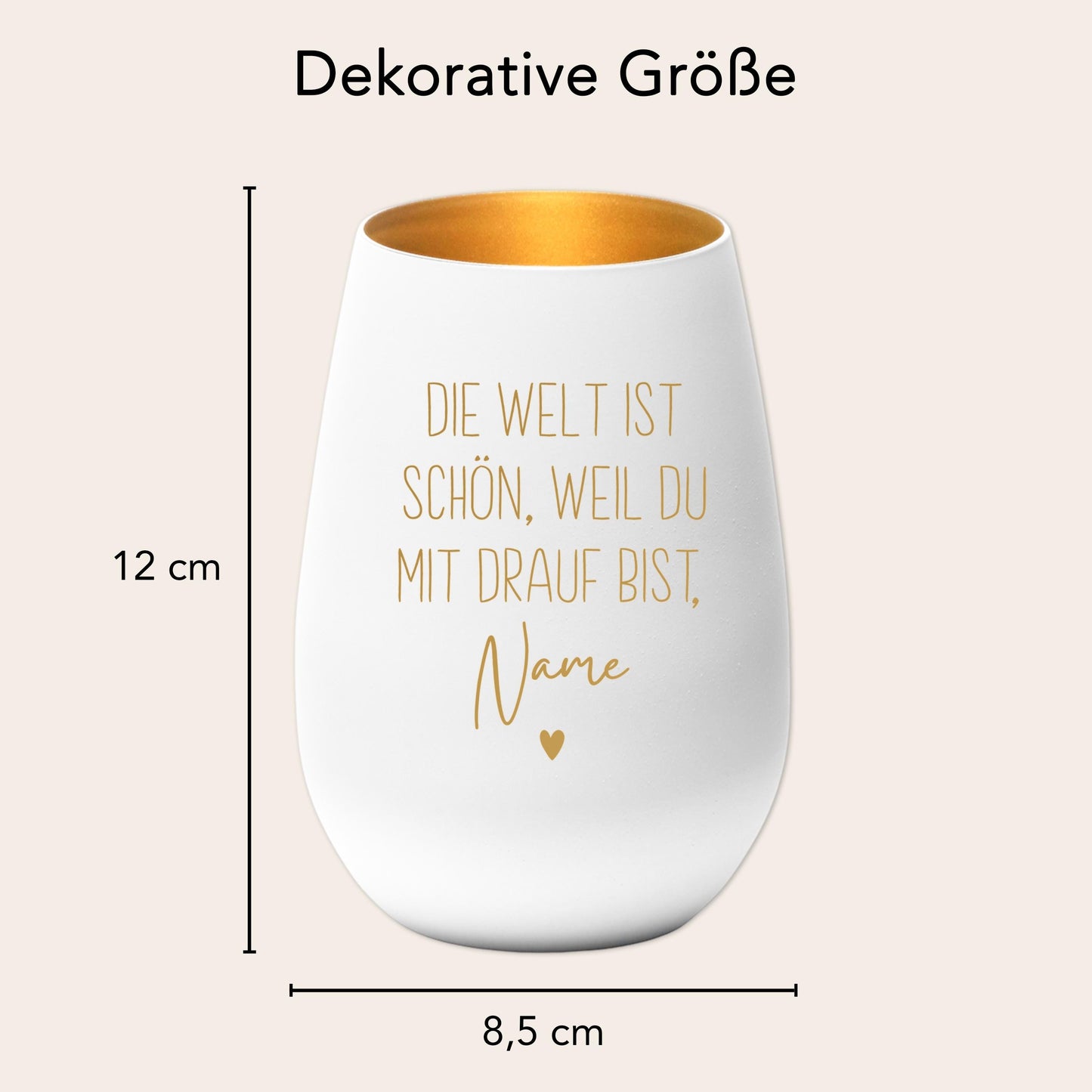 Die Welt ist schön Weil du mit Drauf bist Windlicht personalisiert Geschenk Freundin Frau Teelicht Kerzenglas mit Gravur (Weiß)