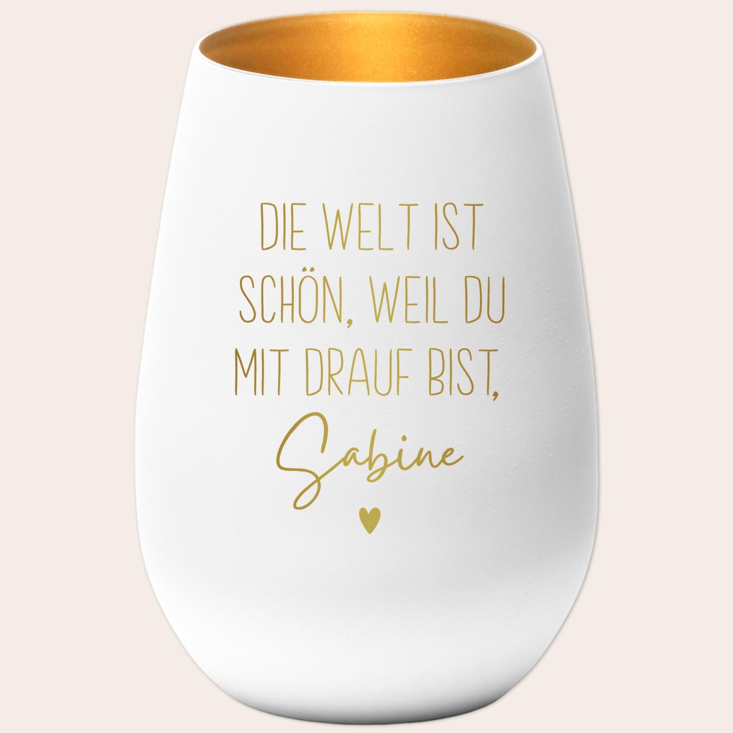 Die Welt ist schön Weil du mit Drauf bist Windlicht personalisiert Geschenk Freundin Frau Teelicht Kerzenglas mit Gravur (Weiß)
