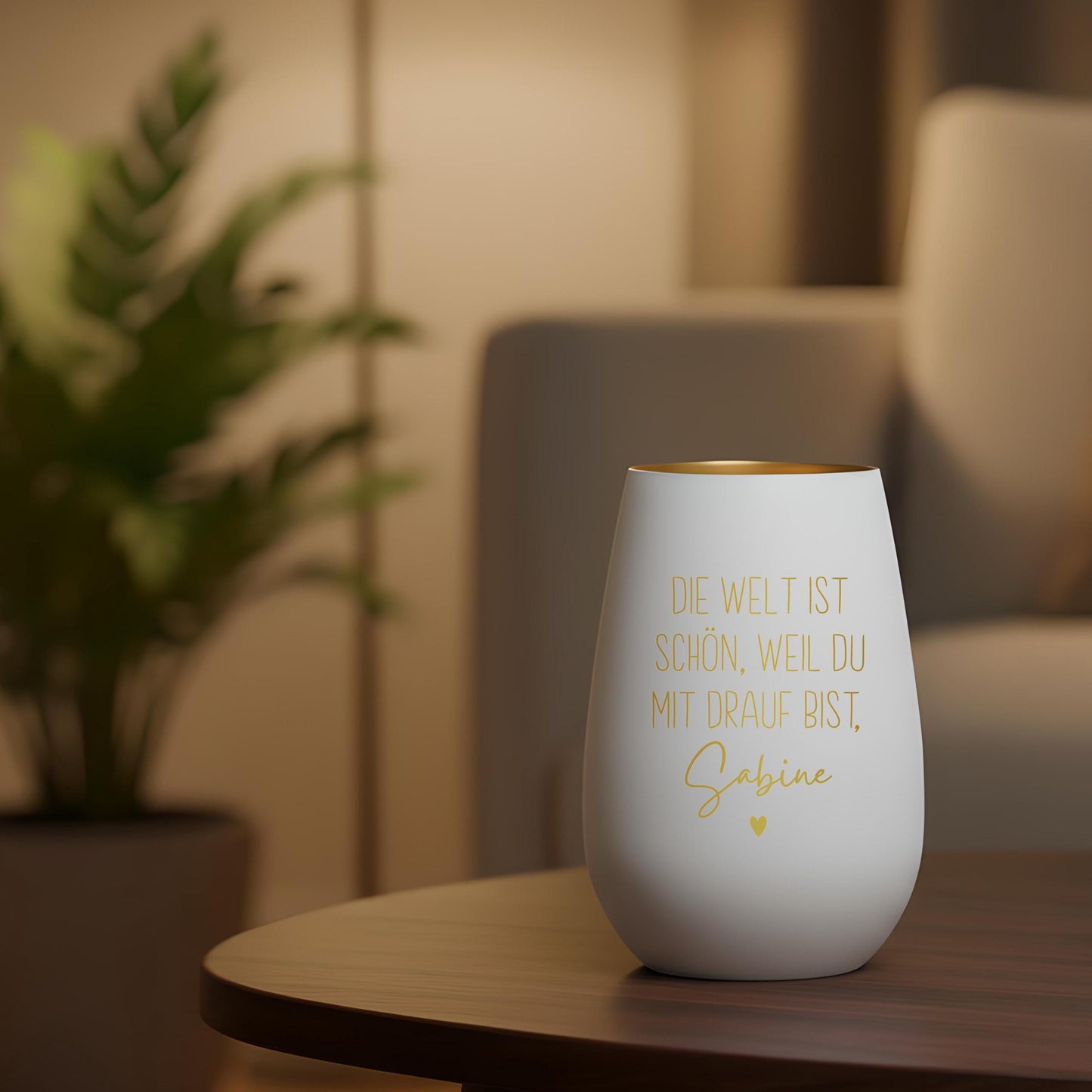 Die Welt ist schön Weil du mit Drauf bist Windlicht personalisiert Geschenk Freundin Frau Teelicht Kerzenglas mit Gravur (Weiß)