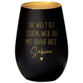 Die Welt ist schön Weil du mit Drauf bist Windlicht personalisiert Geschenk Freundin Frau Teelicht Kerzenglas mit Gravur (Schwarz)
